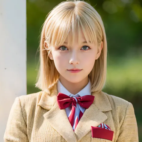 blonde,girl,bob,one knot,cute,,uniform,blazer,golden eyes