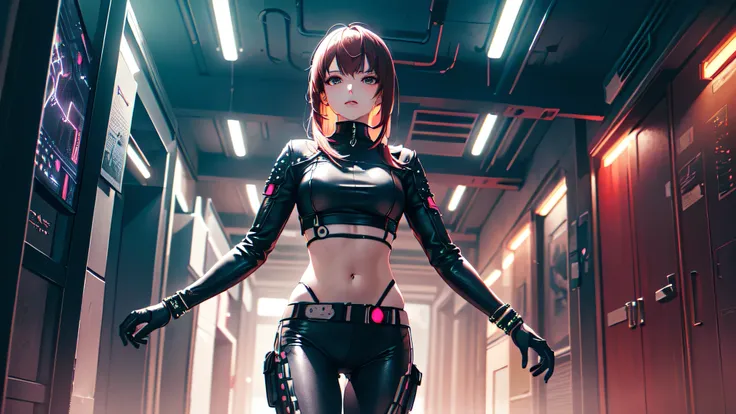 (Best quality, masterpiece:1.2), a Futuristic female warrior , (finely detailed leather), (in a deep neckline highly detailed sexy Futuristic cyberpunk black crop top and underpants made of circuit boards, Beautiful Epic Composition, Futuristic, Attractive...