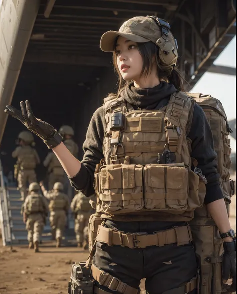 ８K,realistic photo、realistic skin texture、A beautiful Japanese woman belonging to the American military is in the wasteland.、bulletproof vest、Backpack、wearing a baseball cap、A large transport helicopter is waiting with its rear loading hatch open.、moving a...