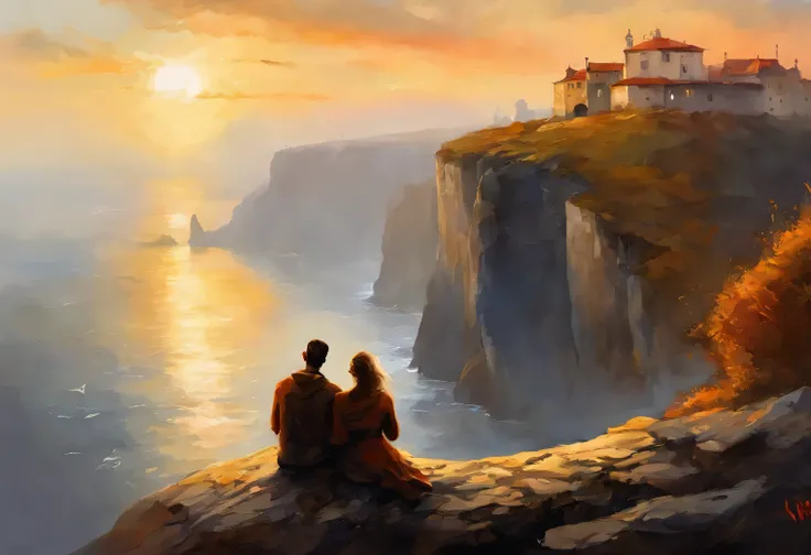 silhouette of a lovely couple sitting on the edge of a cliff watching the sunset artwork painting and spray paint effect, by Eugeniusz Zak, watercolor art, by Károly Lotz, watercolor painting, watercolor painting style, watercolor detailed art, by Reuben T...