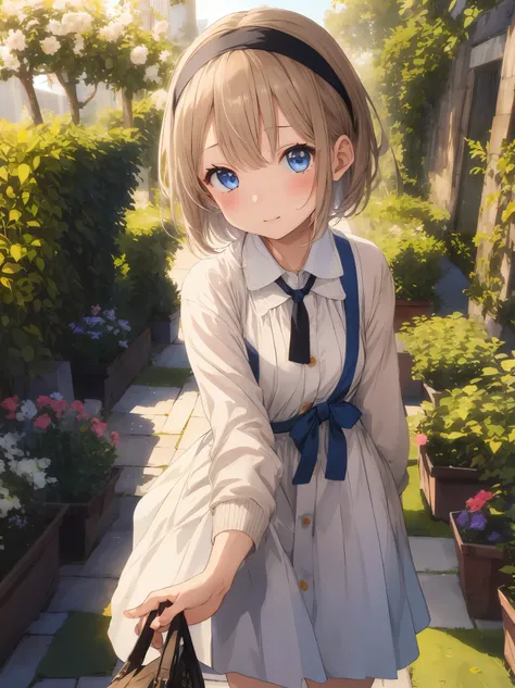 (masterpiece、highest quality)、1 girl、short hair、light brown hair、blush、light blue eyes、beige cardigan、、blue sky、garden、Light of the sun、beautiful hair、cute face、long eyelashes、white headband、black ribbon in hair、from below、Are standing、reach out your hand