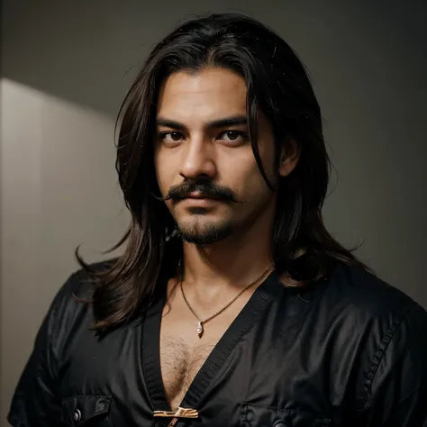 Um homem de cabelo preto um longo e fino bigode e olhos vermelhos (no estilo de Yu gi oh)