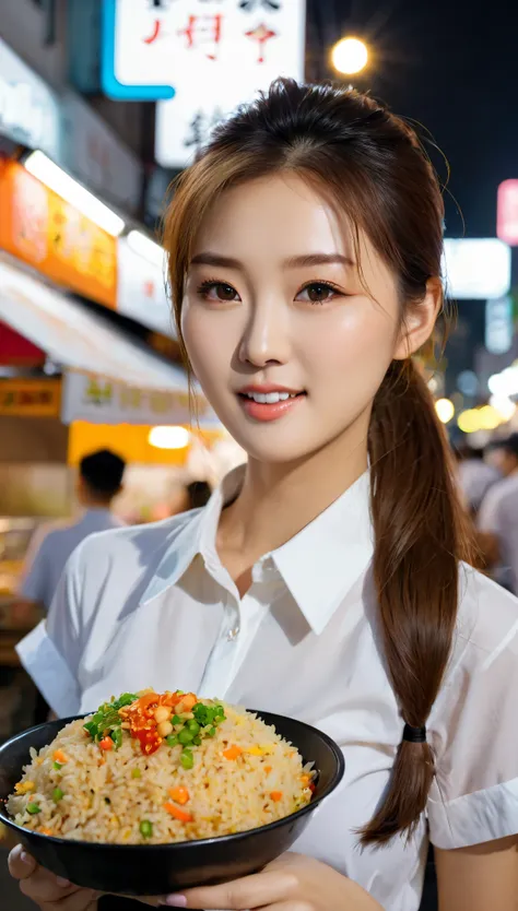 Close-up shot of beautiful korean female, 36 inch breasts size, ponytail, wearing white short sleeve shirt with bottons, black skirt, eating fried rice, at street food, night, UHD