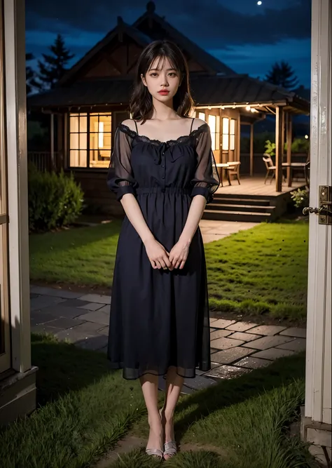 A girl standing on a lawn at night、Woman in nightdress、brown hair、full body photo、There are no structures around、Moonlight night、aurora、masterpiece、highest quality、Super detailed、official art