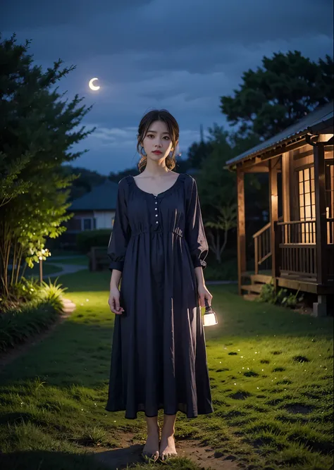 A girl standing on a lawn at night、Woman in nightdress、brown hair、full body photo、There are no structures around、Moonlight night、aurora、masterpiece、highest quality、Super detailed、official art