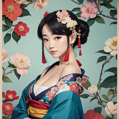 Art vintage japonais, Conception de t-shirts, art vectoriel, art plat:1,4.  (japonaise, en kimono, best quality, Art officiel, Beaucoup de couleurs, couleurs du japon, ukiyo-e, couleurs, printemps , bare shoulders, belles formes,: 1.2