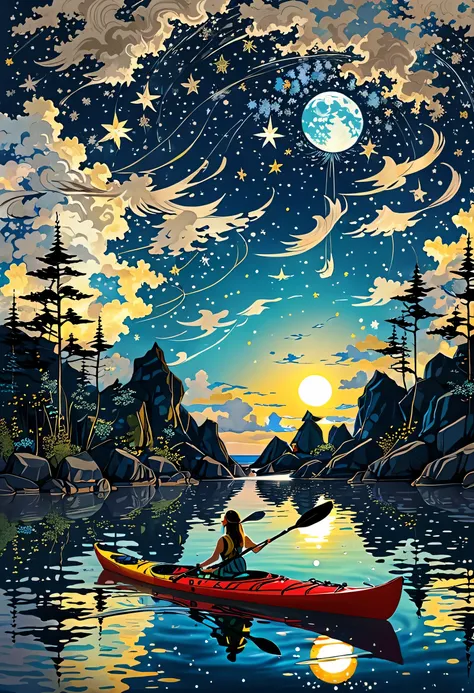 (masterpiece, highest quality:1.2), shining star々A girl rowing a sea kayak through the sea reflected in、starry night sky background、Sea kayak、oar in hand、The stars are beautifully reflected in the girl&#39;s eyeasterpiece）））, （（highest quality））, （（intrica...