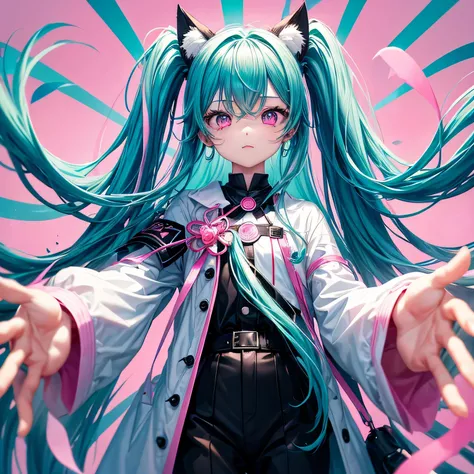 Two-dimensional beautiful youth、long hair、bright teal and pink hair、pink eyes、black cat ears、Boy character、positive、Plain white background、Clothes: white blouse, black jacket and black pants、No pose 、Front facing、1 person