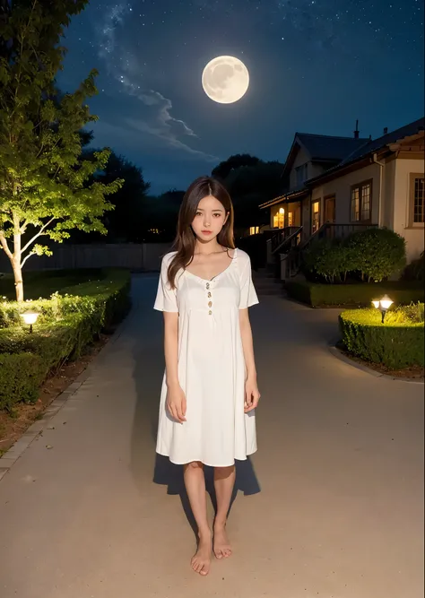 A girl standing on a lawn at night、Woman in nightdress、brown hair、full body photo、There are no structures around、Moonlight night、aurora、masterpiece、highest quality、Super detailed、official art