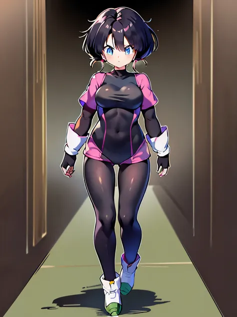 videl, girl 1,full body figure,saw 2, blue eyes, black hair, low twintails and short cut,streak,(black tight suit:1.5),black tig...