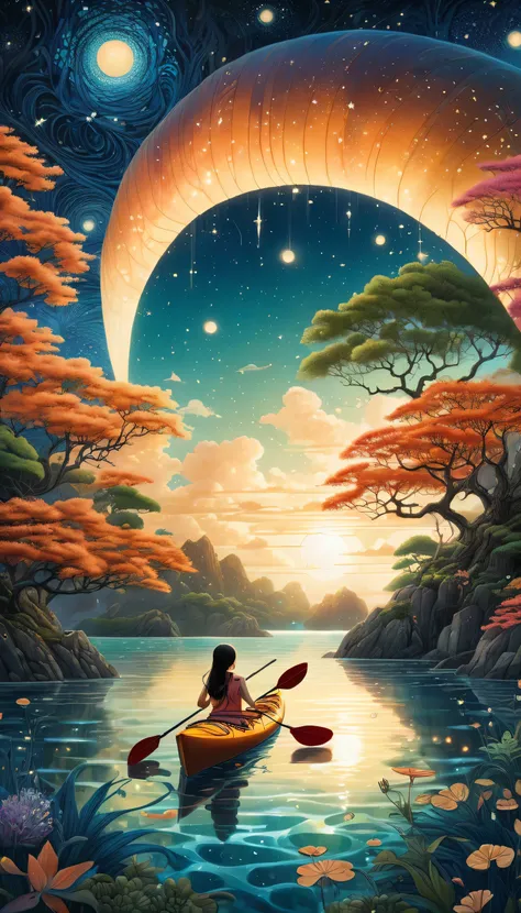 magical mystical fantastic landscape surreal、(masterpiece, highest quality:1.2), shining star々A girl rowing a sea kayak through the sea reflected in、starry night sky background、Sea kayak、oar in hand、The stars are beautifully reflected in the girl&#39;s eye...