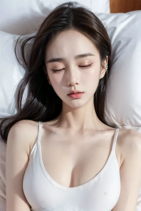 (((25 years old korean girl with white tanktops))), ((hazel eyes color, pale skin, bright skin, flawless skin)), (((perfect 36C breasts, perfect ideal body))), (((closed eyes))), (((full body))), ((medium short and ears visible)), (((ultra realistic, ultra...