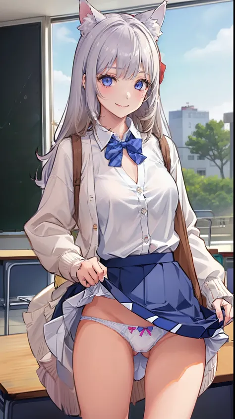 ((1 girl:1.5))、(smile:1.5)、、（cowboy shot）、(fun!!)、(white cardigan:1.5)、(dog ears)、(silver hair)、blush、(long hair)、(eye highlights:1.3)、blake black shoes,(黒いskirt:1.5)、bow, button, shirt with collar, long sleeve,  ((red bow tie, ,, white shirt, チェック柄のskirt:...