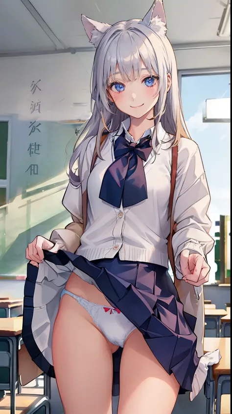 ((1 girl:1.5))、(smile:1.5)、、（cowboy shot）、(fun!!)、(white cardigan:1.5)、(dog ears)、(silver hair)、blush、(long hair)、(eye highlights:1.3)、blake black shoes,(黒いskirt:1.5)、bow, button, shirt with collar, long sleeve,  ((red bow tie, ,, white shirt, チェック柄のskirt:...