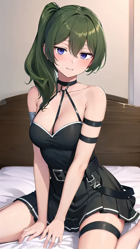 masterpiece,best quality,highres,ultra-detailed,ubel,long hair,side ponytail,hair between eyes,bangs,black choker,bare shoulders,cleavage,halterneck,black dress,sleeveless,arm strap,belt,black skirt,buckle,black belt,thigh strap,indoors,sitting,bed,blush,