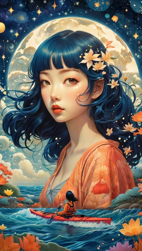 magical mystical fantastic landscape surreal、(masterpiece, highest quality:1.2), shining star々が映った海をSea kayakを漕ぐ少女、starry night sky background、Sea kayak、The stars are beautifully reflected in the girl&#39;s eyeasterpiece）））, （（highest quality））, （（intricat...