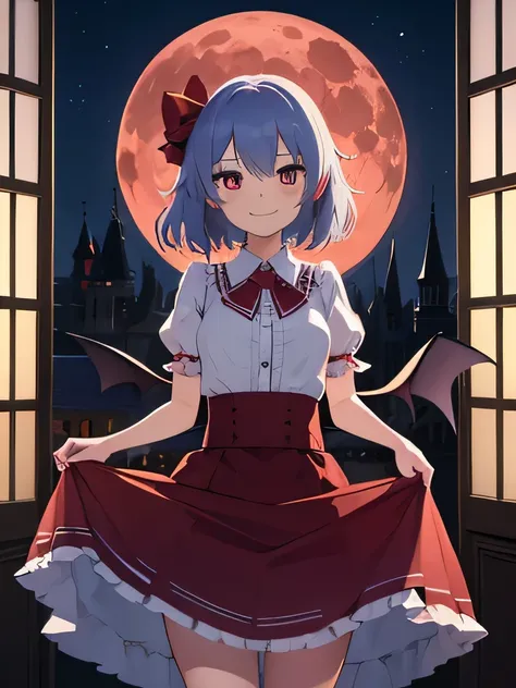 1 girl,smile,standing,skirt lift,Remilia Scarlet,castle,moonlight from the window,red moon,full moon,