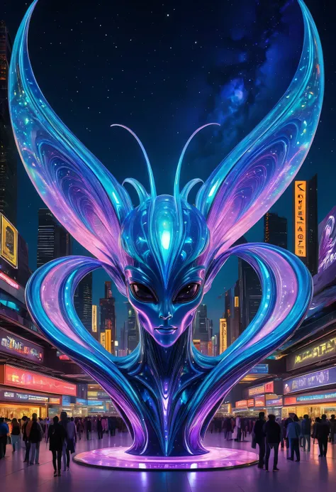 A glass alien sculpture,carving of starry sky,Unmanned Futuristic Alien City Square Center,illuminated by neon lights,unbelievable attention to detail,futuristic designs,gleaming metallic parts,reflective surfaces,intricate patterns,meticulous craftsmanshi...