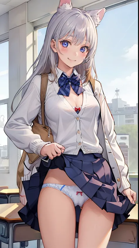 ((1 girl:1.5))、(smile:1.5)、、（cowboy shot）、(fun!!)、(white cardigan:1.5)、(dog ears)、(silver hair)、blush、(long hair)、(eye highlights:1.3)、blake black shoes,(黒いskirt:1.5)、bow, button, shirt with collar, long sleeve,  ((red bow tie, ,, white shirt, チェック柄のskirt:...