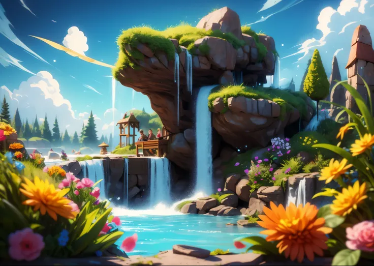 masterpiece, 最high quality, high quality, very detailed CG wallpaper unit 8k, landscape, outdoor, flower, cloud, Day, there are no humans, Plain color, landscape, colorful flowers, water, wood, waterfall, , nature, lake, river, Bokeh, Depth of the bounds w...