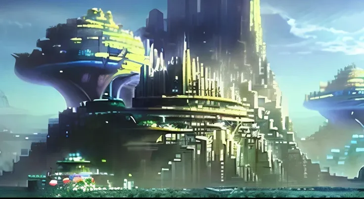 Painting of a city in the sky with a waterfall, floating city in the sky, Final Fantasy VLL world concept, floating city on clouds, floating island, fantasy city, floating city, land floating in the clouds, flying island floating in the sky, floating islan...