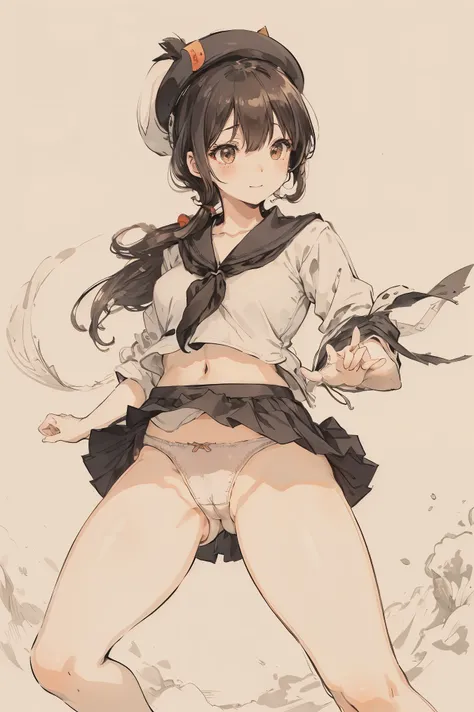 sparrow, a black haired girl, sailor suitを着ている, curly short hair, hair, black skirt, sailor suit, Because I&#39;m slender, enchanting smile, mini skirt, white beret, medium breasts, she closed her left eye, (accidental upskirt:1.3), (Realistic Mekosuji:1.3...