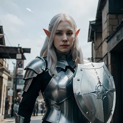 Albino, pale, grey skin, elf, grey hair, midevil, woman, noble, armored, full, plate armor, shield, shadar-kai