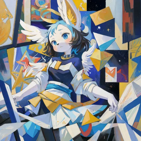 top quality, best quality, cubism, high-quality illustrations by pablo ruiz picasso, masterpiece(kemono, angelic cute 1girl, sol...