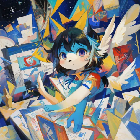 top quality, best quality, Cubism, High-quality illustrations by Pablo Ruiz Picasso, masterpiece(kemono, angelic cute 1girl, solo, furry anthro)The use of abstract and unreal shapes or forms, multidimensional depiction of objects through elements of Cubism...