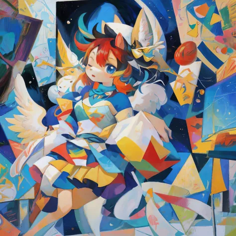 top quality, best quality, cubism, high-quality illustrations by pablo ruiz picasso, masterpiece(kemono, angelic cute 1girl, sol...