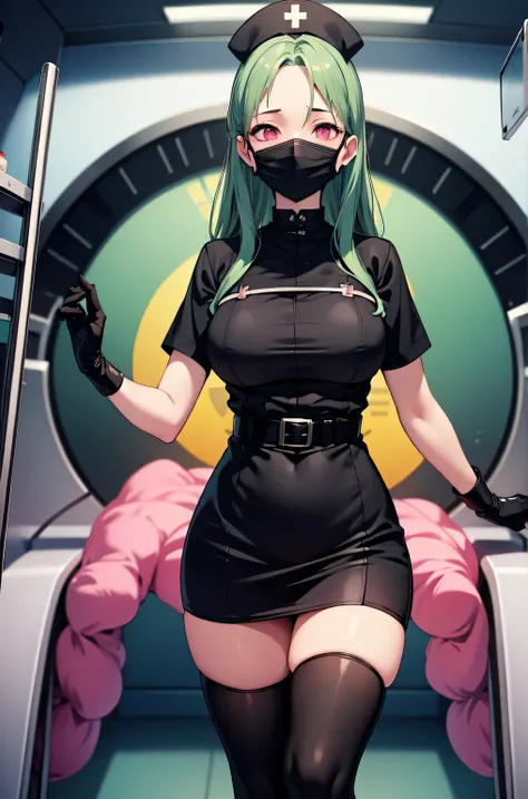 black nurse, 1woman, solo, black nurse cap, black nurse uniform, ((black legwear, zettai ryouiki)), black elbow gloves, forehead, long hair, green hair, pink eyes, ((black surgical mask, covered nose)), standing, ((surgery room)), sharp outline, short slee...