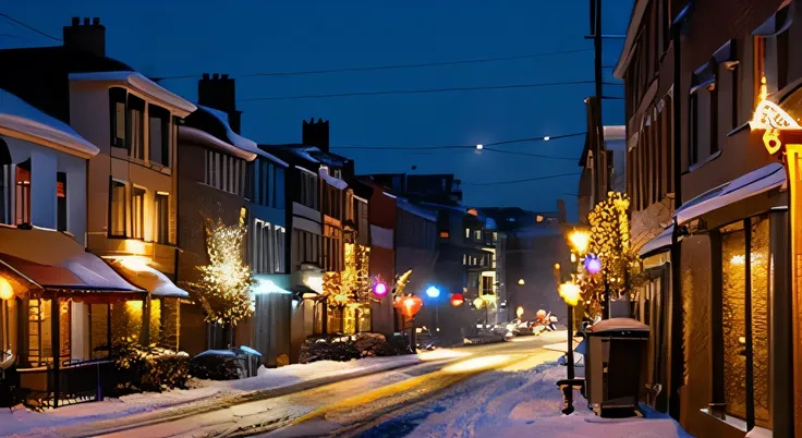 snowy night,gaslight,snowy night, town background, A lively magical city, realistic pictures of the city, rural town center background, Buildings up to 2 stories high,snowy winter christmas night, fantasy city setting,