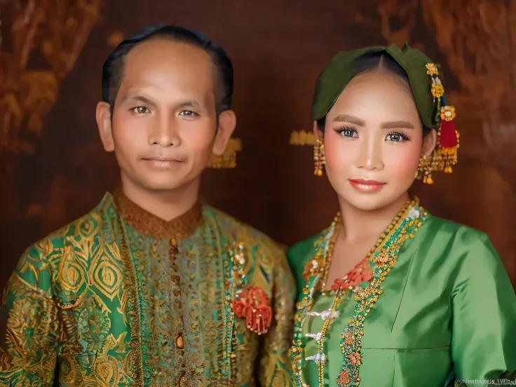 Couple, husband and wife, wearing traditional Javanese clothes, Indonesian people, masterpiece, high detailed, real photo, photography, photo studio, 1man, 1woman,