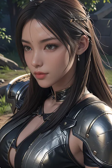 Game art，The best picture quality，Highest resolution，8K，(A bust photograph)，(Portrait)，(Head close-up)，(Rule of thirds)，Unreal Engine 5 rendering works， (The Girl of the Future)，(Female Warrior)， 
20-year-old girl，((Hunter))，An eye rich in detail，(Big brea...