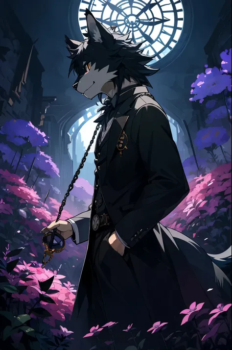 (best quality, high resolution, ultra-detailed)silhouett(kemono, furry anthro)holding striking pocket watch, surrounded by flowers, snakes and darkness, illustrative rendering, intricate details, mysterious atmosphere, vibrant colors, dynamic lighting , Go...