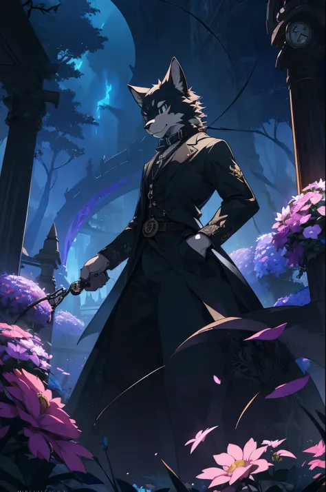 (best quality, high resolution, ultra-detailed)silhouett(kemono, furry anthro)holding striking pocket watch, surrounded by flowers, snakes and darkness, illustrative rendering, intricate details, mysterious atmosphere, vibrant colors, dynamic lighting , Go...