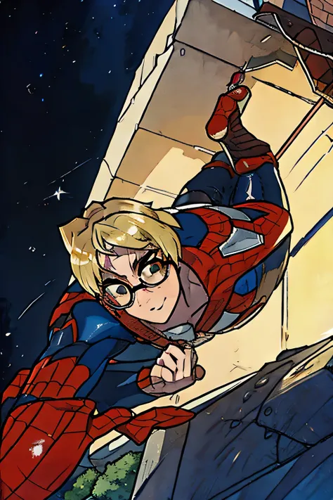 Blond spider man with glasses, cabelo curto, anime, desenho, upside down, anime, desenho, masculino, homem aranha, soltando teia, pose, building 
