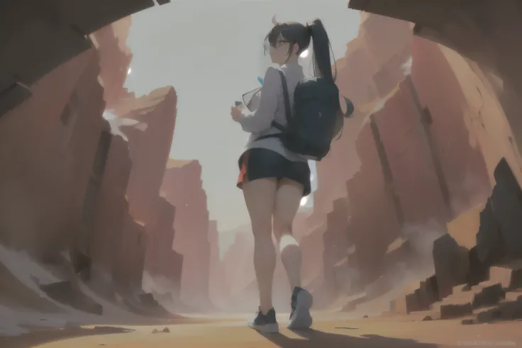 ((wide angle, full body image)) beautiful female tourist, black hair, ponytail, bangs, wearing large glasses, smirk, ((wearing a Backpacker style outfit)), morning light, Antelope Canyon