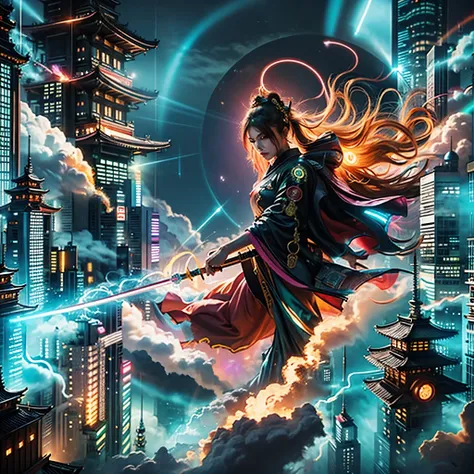 A mythical realm bathed in the neon glow of celestial energy. Towering skyscrapers pierce the clouds, adorned with ancient Japanese iconography reimagined in a cyberpunk aesthetic. Amaterasu: The leader of the guardians, a woman with flowing golden hair an...
