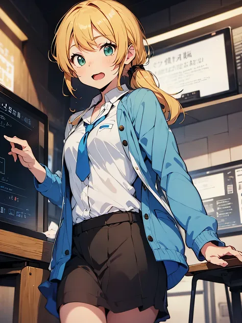 anime style, ellen baker, beautiful, green eyes, blonde hair, white shirt, bulge button, ((dark blue outerwear)), short span, ((...