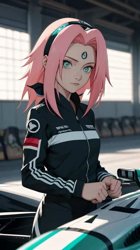 tmasterpiece， Best quality at best， 1girll， Sakura Haruno，Raised sexy，is shy，ssmile，with pink hair， long whitr hair， （Green eyeballs:1.4)， Forehead protection, Pole Position, standing side of her race car, anime style, bright colors, dynamic lighting, shin...