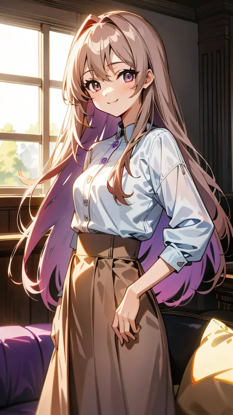 1 girl、anime style、美しい light brown hair、beautiful purple round eyes、long hair、transparent hair、translucent hair、Smile proudly、From the side、Western-style room、sofa、morning、Glossy skin、constricted waist、casual clotheini skirt