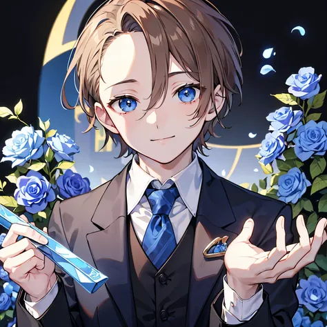 （masterpiece、４K、detailed）A cool male merchant dressed in a suit、（light brown hair、All back with forehead sticking out、Alone、close up of face、Upper body、looking at the camera、blue eyes、innocent smile）The background is filled with blue flowers