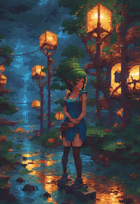 Pixel Art,PixelArt,((game pixel art)), mix4,(8k, RAW photo, best quality, masterpiece:1.2), (realistic, photo-realistic:1.37),1girl,cute,cityscape, night, rain, wet,professional lighting, photon mapping, radiosity, physically-based rendering, full body,thi...