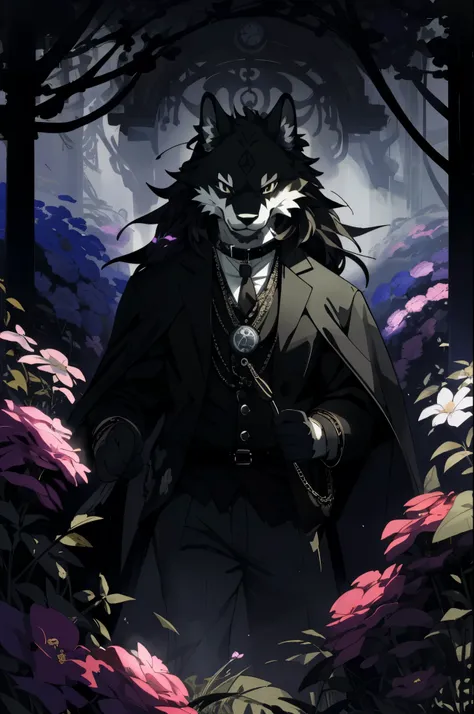 (cover page, best quality, high resolution, ultra-detailed)silhouett(kemono, furry anthro)holding striking pocket watch, surrounded by flowers, snakes and darkness, illustrative rendering, intricate details, mysterious atmosphere, vibrant colors, dynamic l...