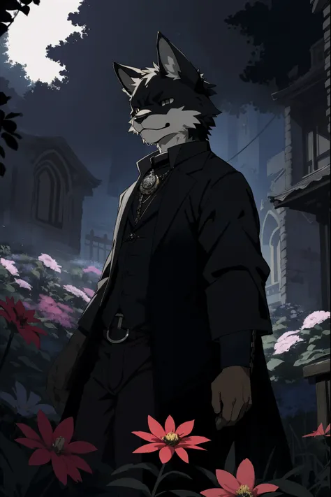 (best quality, high resolution, ultra-detailed)silhouett(kemono, furry anthro)holding striking pocket watch, surrounded by flowers, snakes and darkness, illustrative rendering, intricate details, mysterious atmosphere, vibrant colors, dynamic lighting , Go...