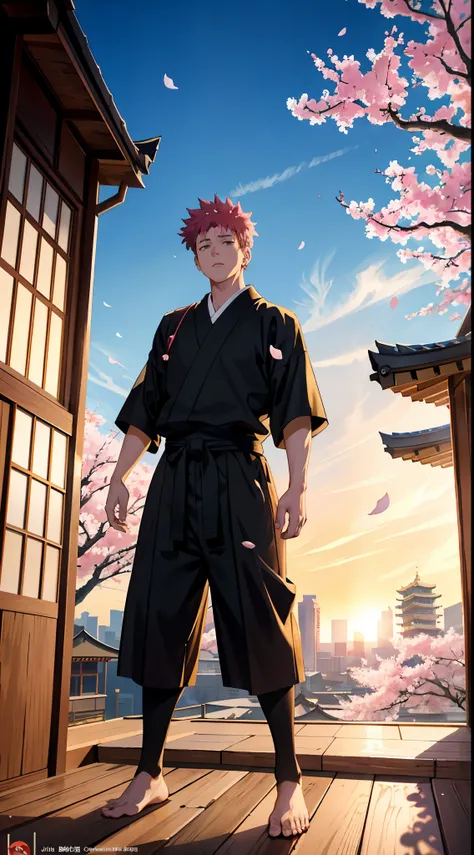 Beautiful landscape, rich in vibrancy, anime style Jujutsu Kaisen setting. Gold hour, sun setting, warm, golden glow. Traditional Japanese architecture, surreal elements. Cherry blossoms bloom, petals dance in breeze. Main characters, poised, gazing, deter...