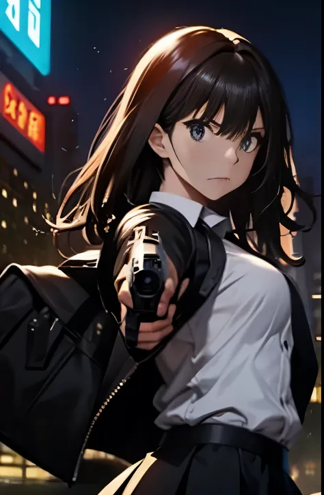 hold a handgun 1:5、holding a handgun in both hands、handgun 1:3、assassin、long black hair woman、clear eyes、angry face、black jacket...