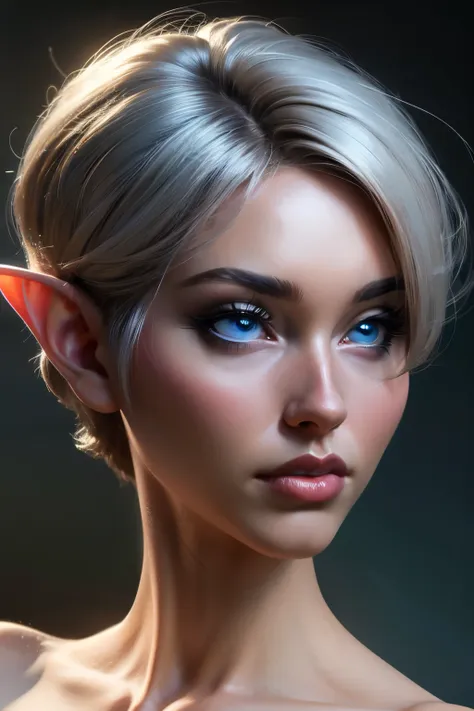 beautiful portait of nigth elf female in her 20s with fit body , perfect face feature , (blunt bob short hair), (silver hair color), (blue eyes color), thick kissable lips , thin nose ,pointy ears,