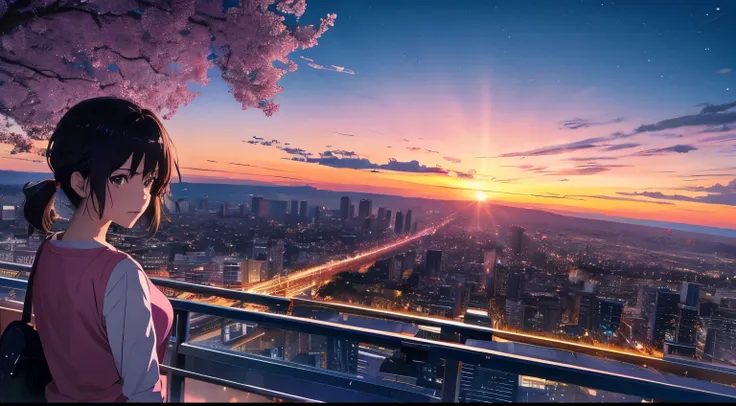 High resolution8K, NSFW, bright light lighting, anime style, film portrait photography, 1 girl, makoto shinkai, 日本のanime style, pastel starlight, Tokyo city lights, 1 girl, ridiculous solution, High resolution, sunset sky, Dramatic scenes, (masterpiece:1.4...